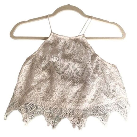 Windsor Tops - Windsor White Lace High Neck Halter Strappy Scalloped Crop Top Size L